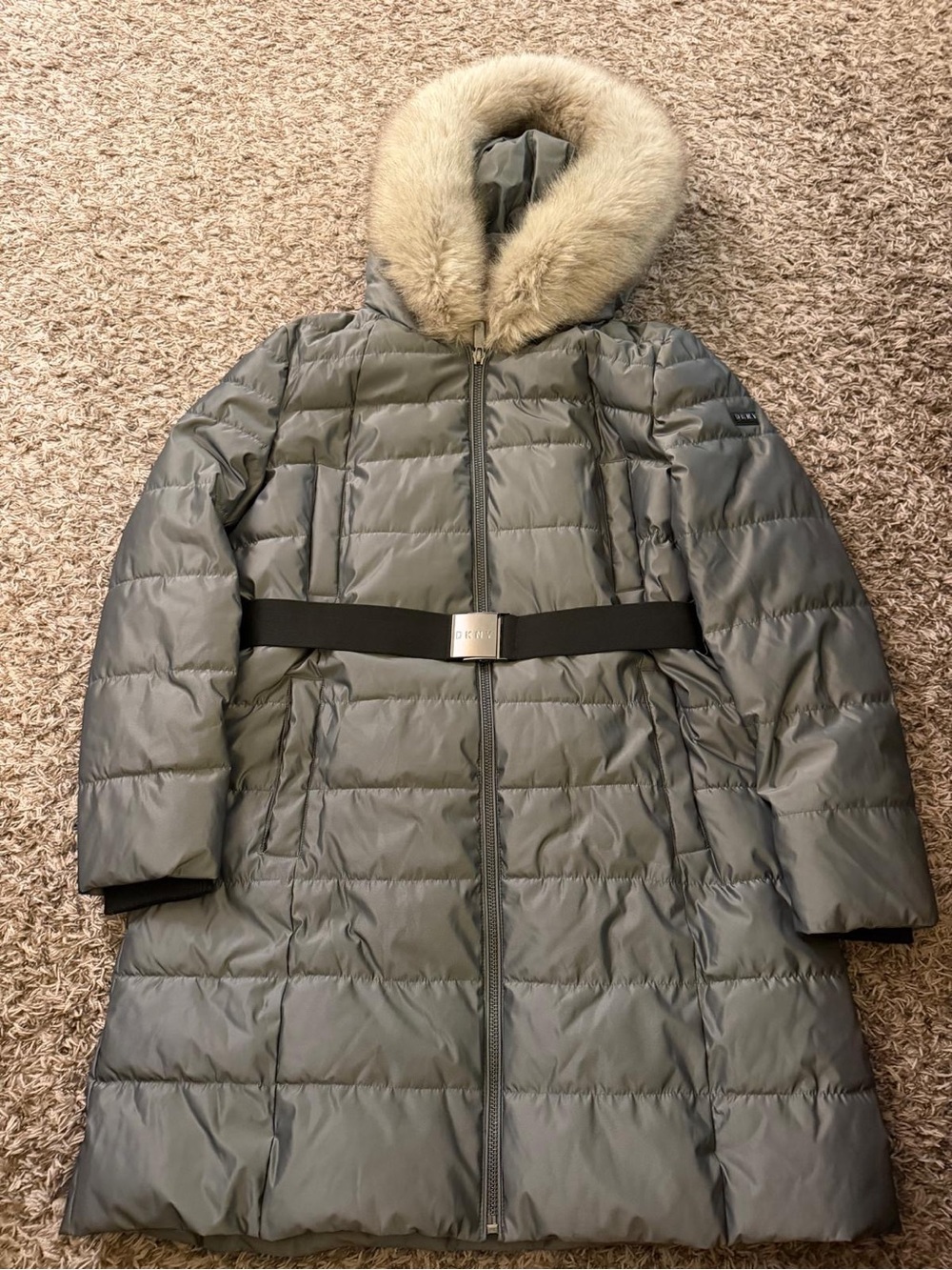 DKNY Gray Quilted Puffer Coat with Fur-Trim Hood Size XL EUC